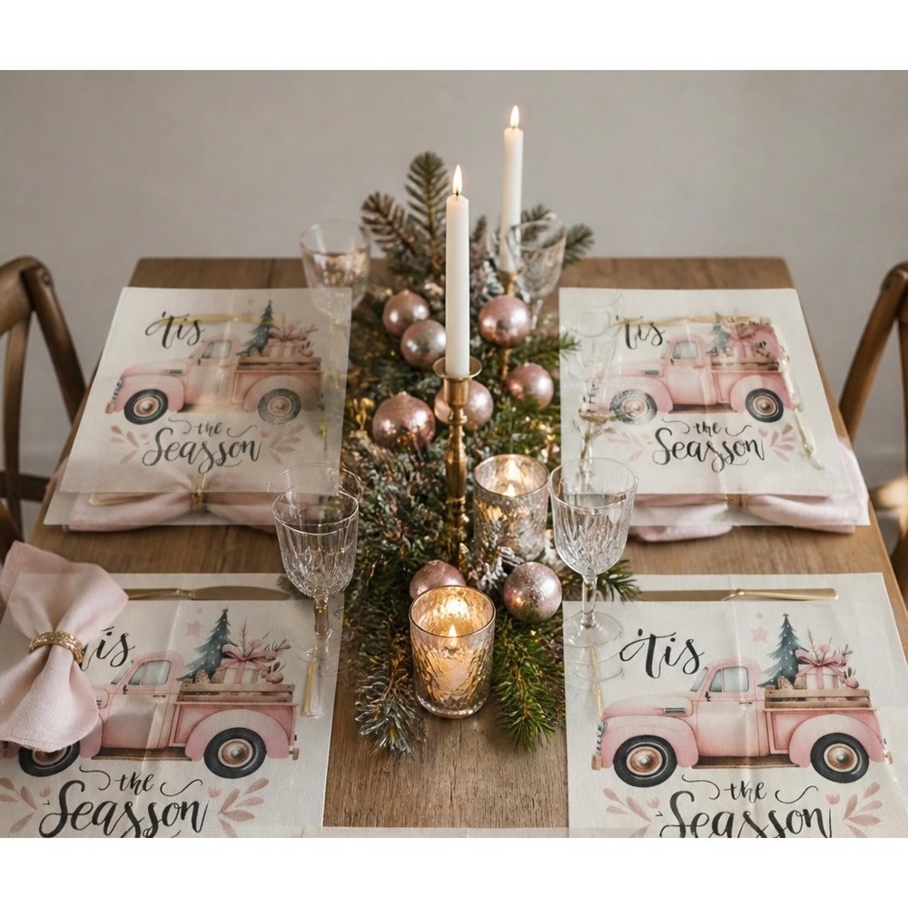 NEW Pink Vintage Truck Christmas Placemats One Size 4 Piece Holiday Decor Pink